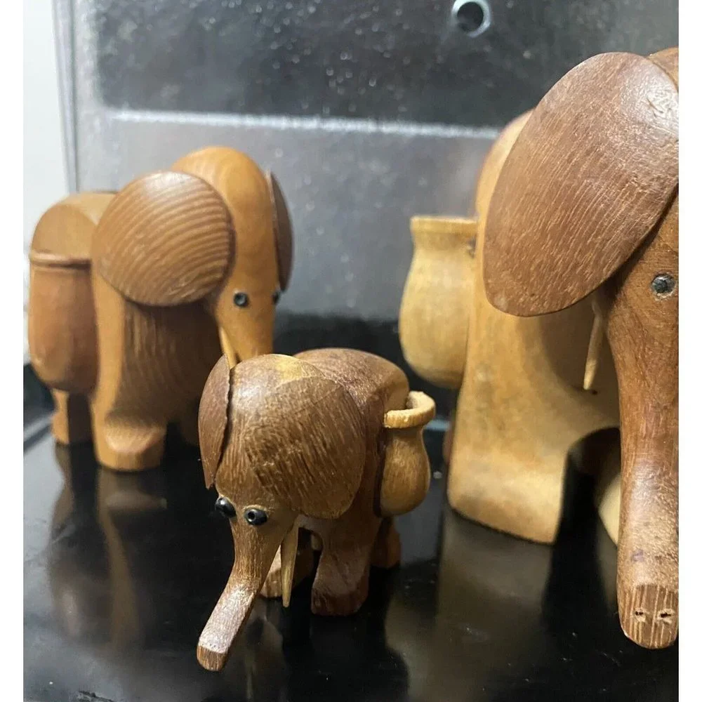 Mid‎ Century Carved Wood Elephant Toothpick Holder Taiwan Set of Three 3 Vintage